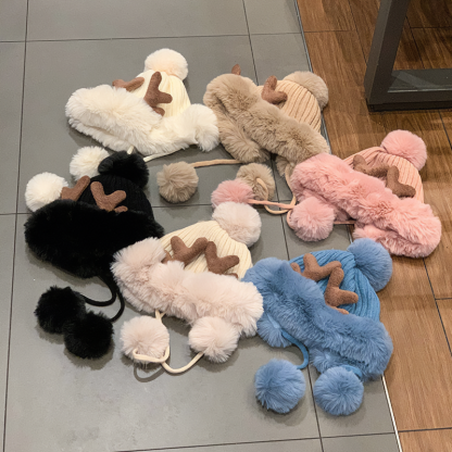 Cute Reindeer Pom Pom Winter Knit Hat - Kirakira World - grungestyle - kawaii fashion -kawaii store-kawaii aesthetic - kawaiistyle