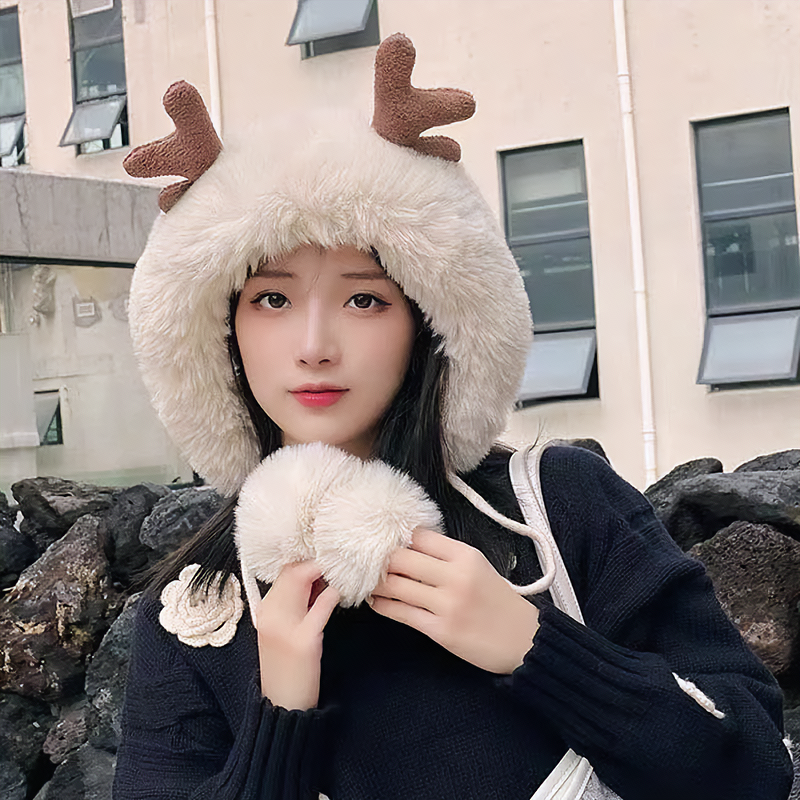 Cute Reindeer Pom Pom Winter Knit Hat - Kirakira World - grungestyle - kawaii fashion -kawaii store-kawaii aesthetic - kawaiistyle