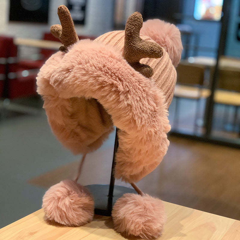 Cute Reindeer Pom Pom Winter Knit Hat - Kirakira World - grungestyle - kawaii fashion -kawaii store-kawaii aesthetic - kawaiistyle