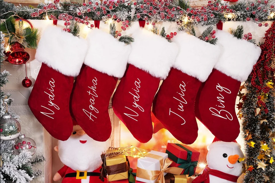Personalized Red Plush Christmas Stocking with Custom Name, Family Holiday Stocking Gift-Gemeaning