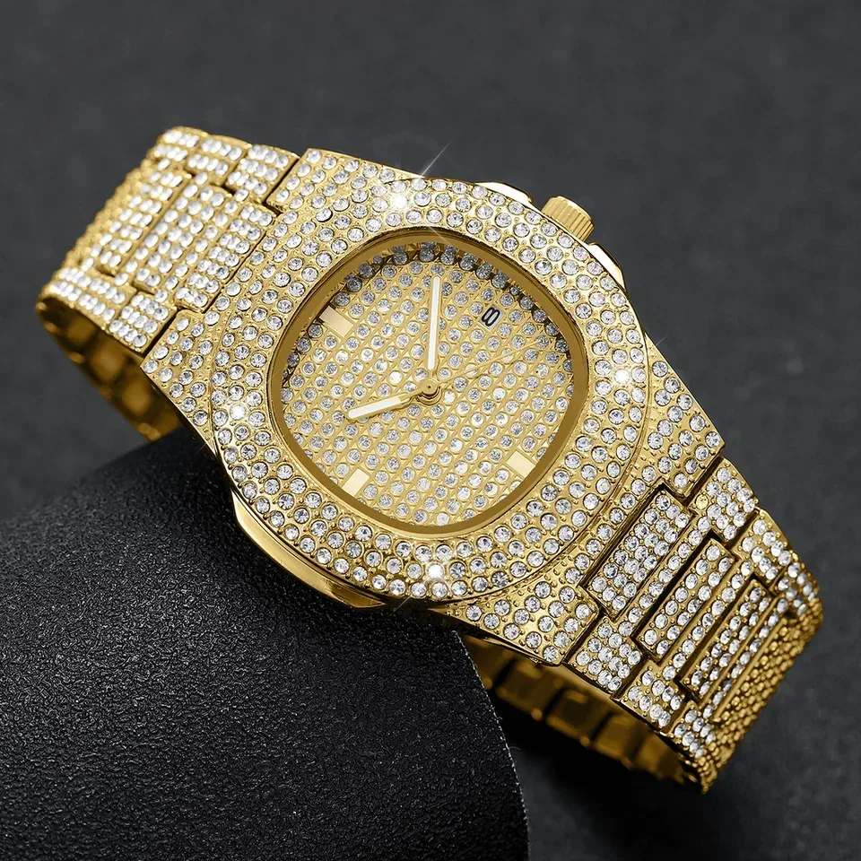 Men's Iced Out Watch with Cuban Chain Bracelet, Rhinestone Square Dial Luxury Style Jewelry Set