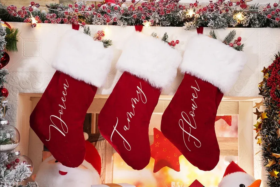 Personalized Red Plush Christmas Stocking with Custom Name, Family Holiday Stocking Gift-Gemeaning