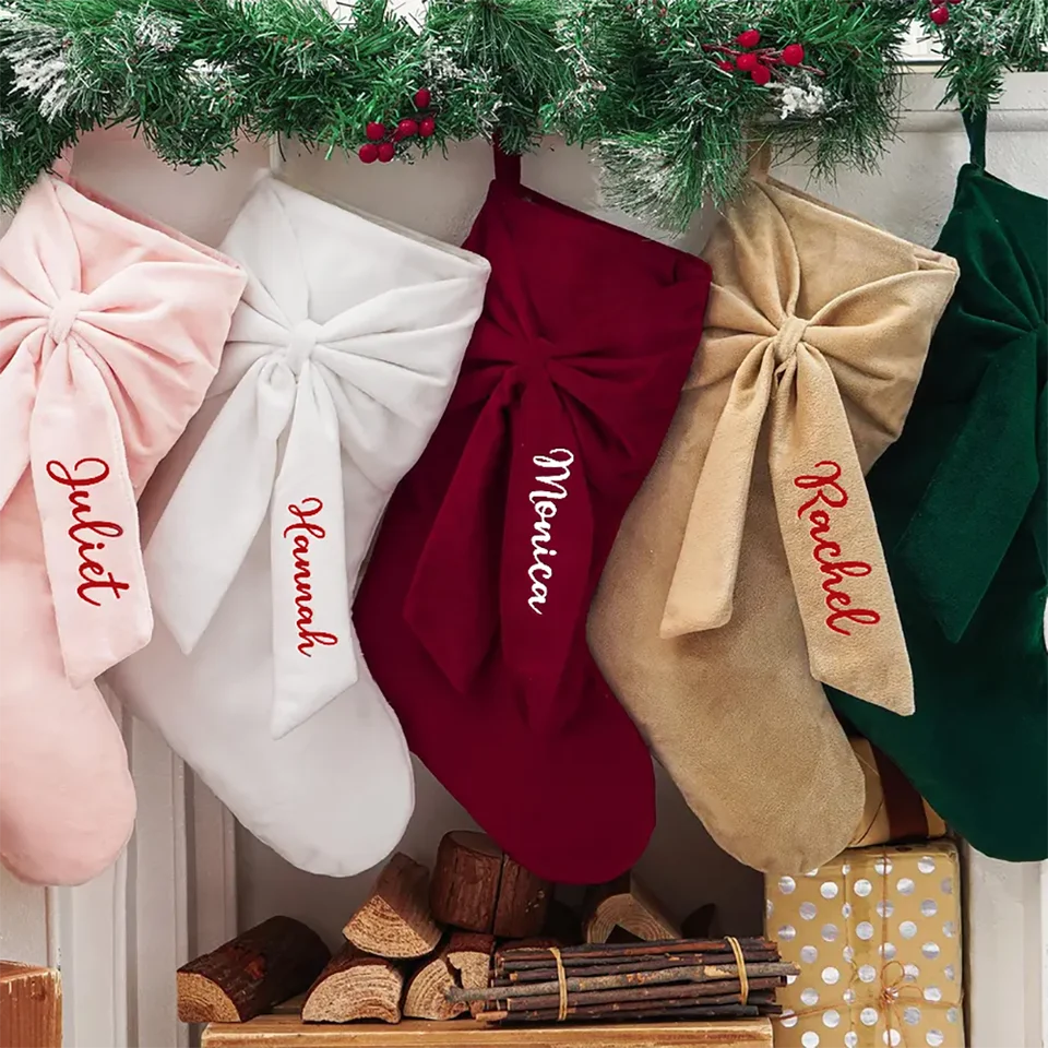 Personalized Velvet Christmas Stocking with Custom Name and Bow, Family Holiday Stocking Gift for Kids-Gemeaning