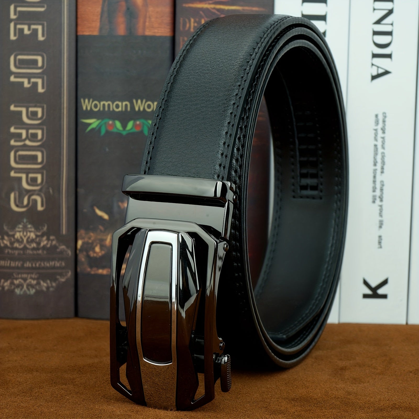 Men' s Second Layer Cowhide, Slide Ratchet Belt - Automatic Buckle, & Brown Two-Tone Design