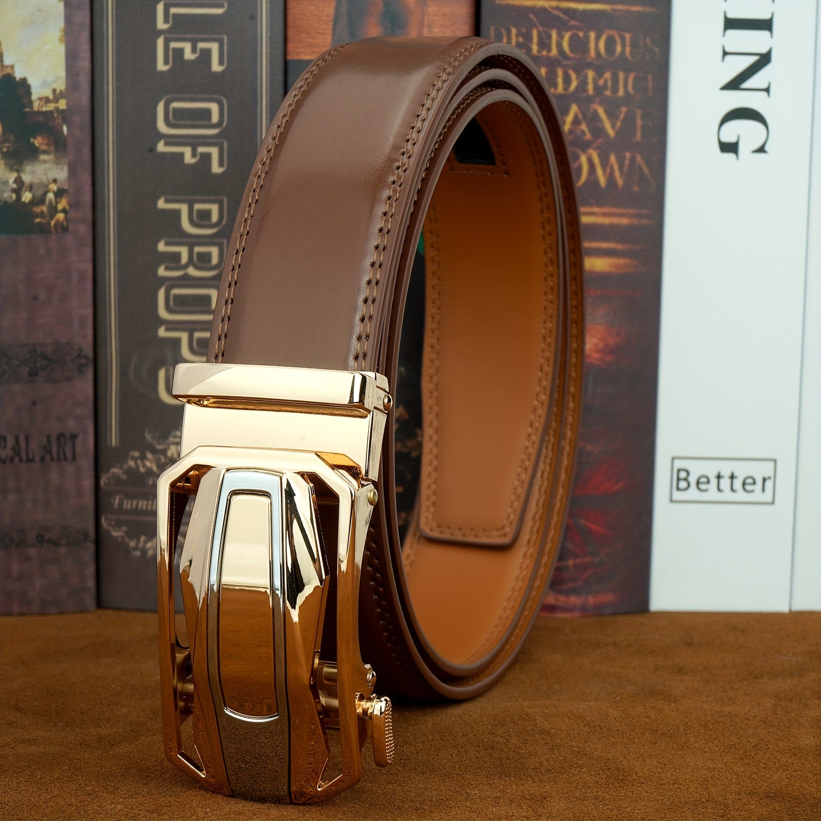Men' s Second Layer Cowhide, Slide Ratchet Belt - Automatic Buckle, & Brown Two-Tone Design