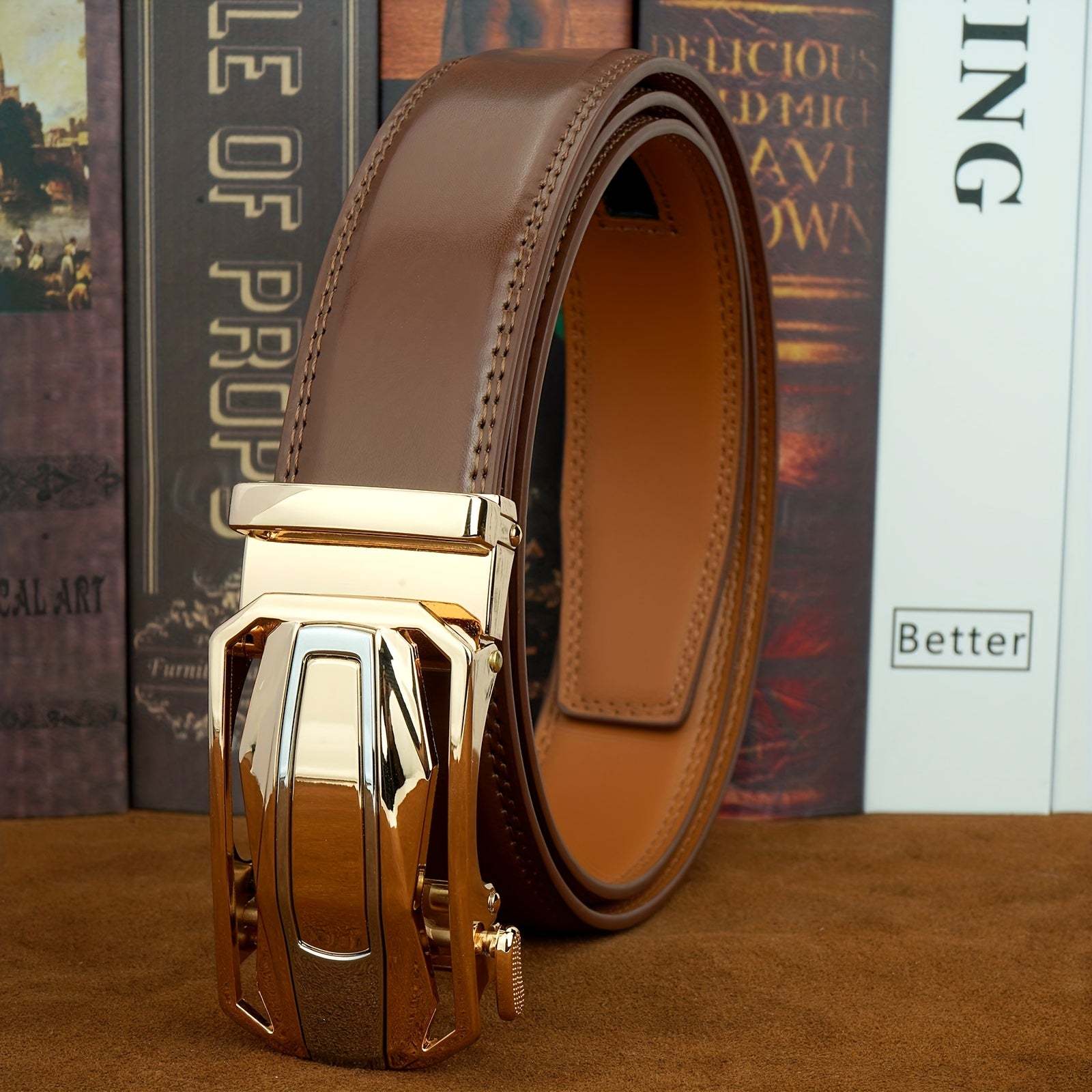 Men' s Second Layer Cowhide, Slide Ratchet Belt - Automatic Buckle, & Brown Two-Tone Design