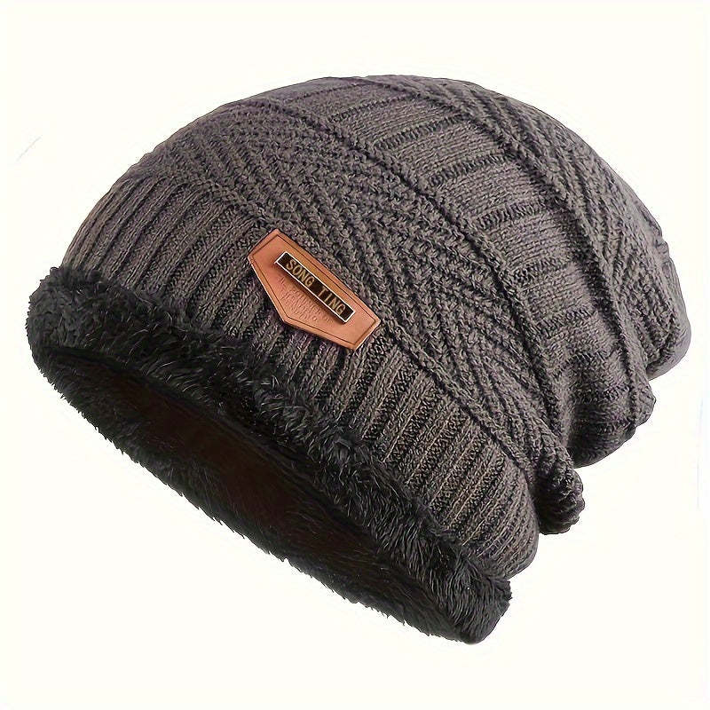 Men'S Thickened Fleece-Lined Knit Beanie - Warm, Stretchy, Windproof Winter Hat with Ear Protection for Outdoor Cycling and Casual Wear, Beanie Hats