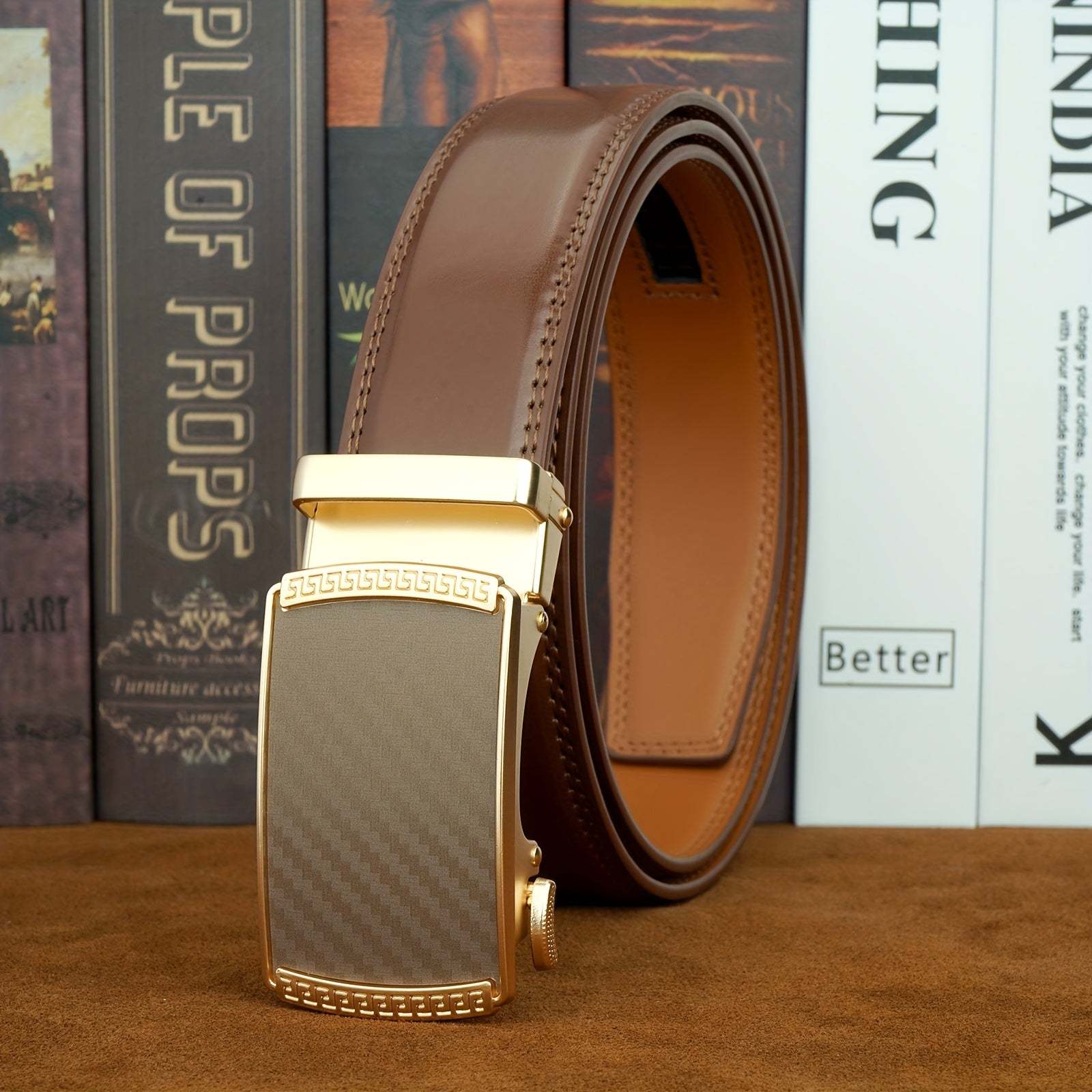 Men' s Second Layer Cowhide, Slide Ratchet Belt - Automatic Buckle, & Brown Two-Tone Design