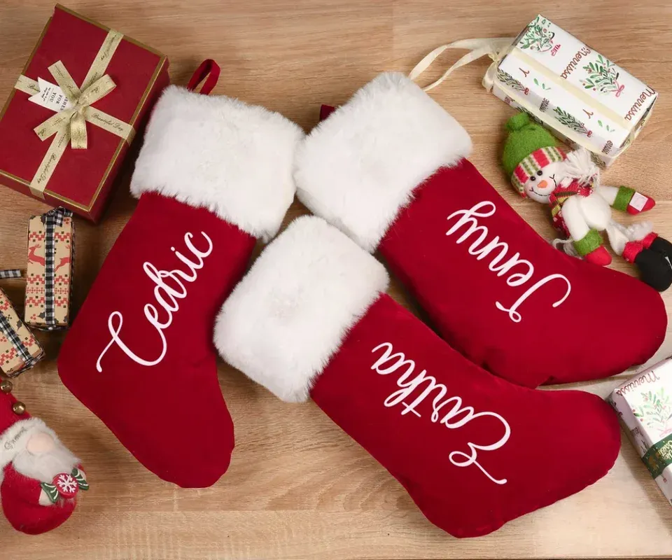 Personalized Red Plush Christmas Stocking with Custom Name, Family Holiday Stocking Gift-Gemeaning