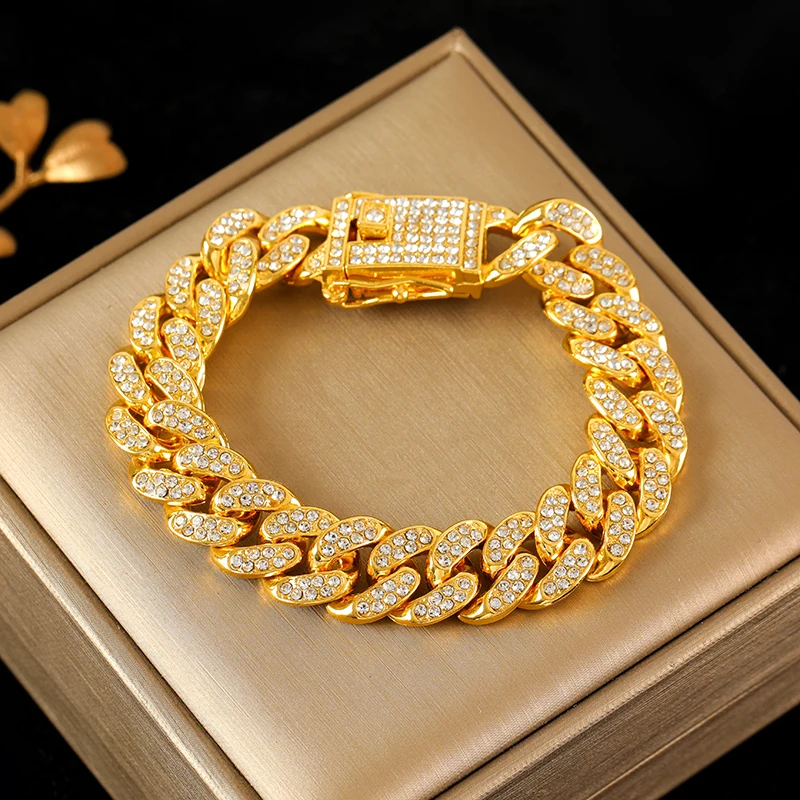 316L Stainless Steel Gold Color Cuban Chain Bracelet For Women Men Trendy Punk Waterproof Wrist Chain Jewelry Gift Party