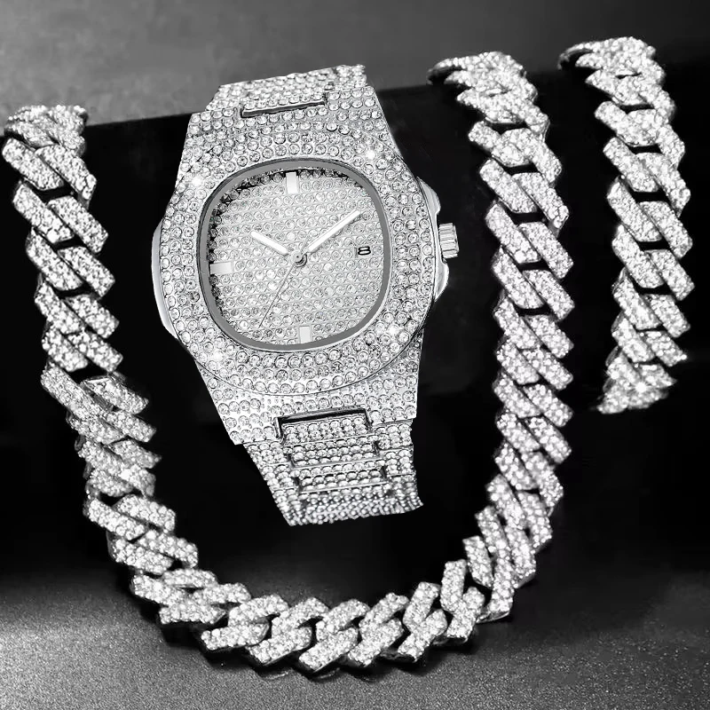 Men's Iced Out Watch with Cuban Chain Bracelet, Rhinestone Square Dial Luxury Style Jewelry Set