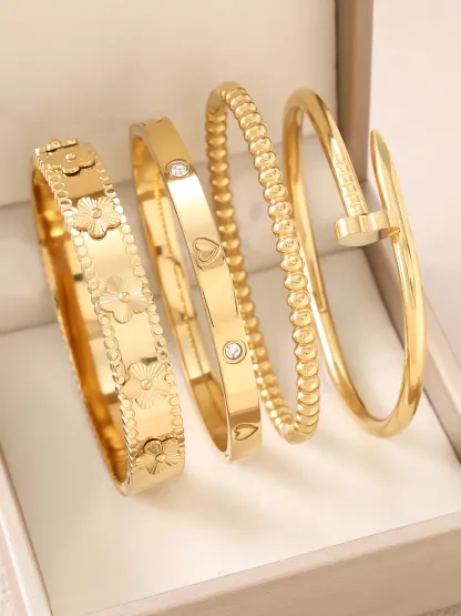 18K Gold Plated Open Cuff Nail Bracelet, Minimalist Stainless Steel Bangle Jewelry