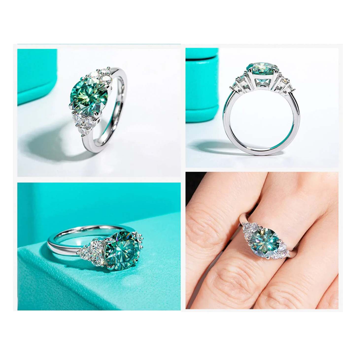Green Moissanite Side Stone Engagement Ring