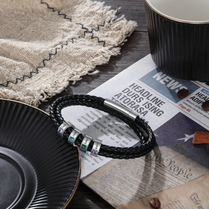 Personalized Mens Leather Bracelet 1-8 Beads with Birthstones