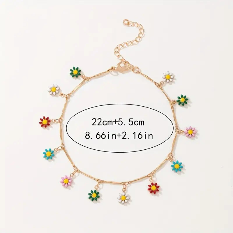 Mother's Day Colorful Oil Flower Tassel Pendant Single-layer Anklet Boho Style Ankle Bracelet-Engravingift