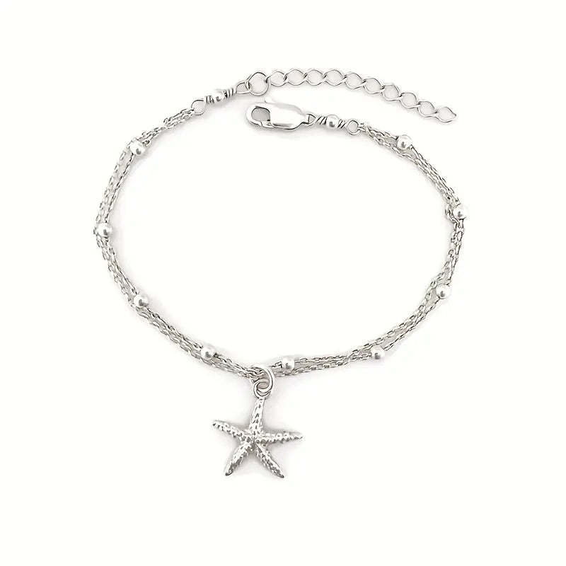 Mother's Day Starfish Shape Pendant Thin Chain Anklet Adjustable Beach Wedding Ankle Bracelet Jewelry-Engravingift