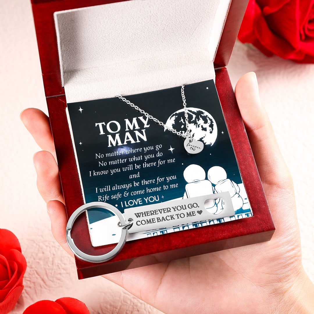 Mother's Day Gift To My Man Heart Necklace and Keychain Gift Set "Wherever You Go, Come Back to Me"-Engravingift