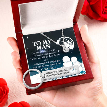 Mother's Day Gift To My Man Heart Necklace and Keychain Gift Set "Wherever You Go, Come Back to Me"-Engravingift
