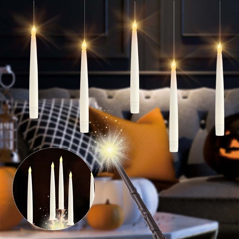 LED Flameless Floating Taper Candles with Flickering Warm White Glow for Halloween