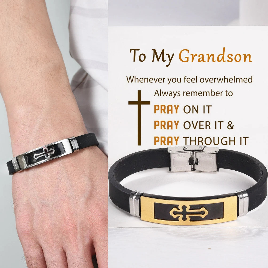 Christmas Gift To My Grandson Cross Leather Bracelet "Pray Through It" Christmas Gifts for Grandson-Engravingift
