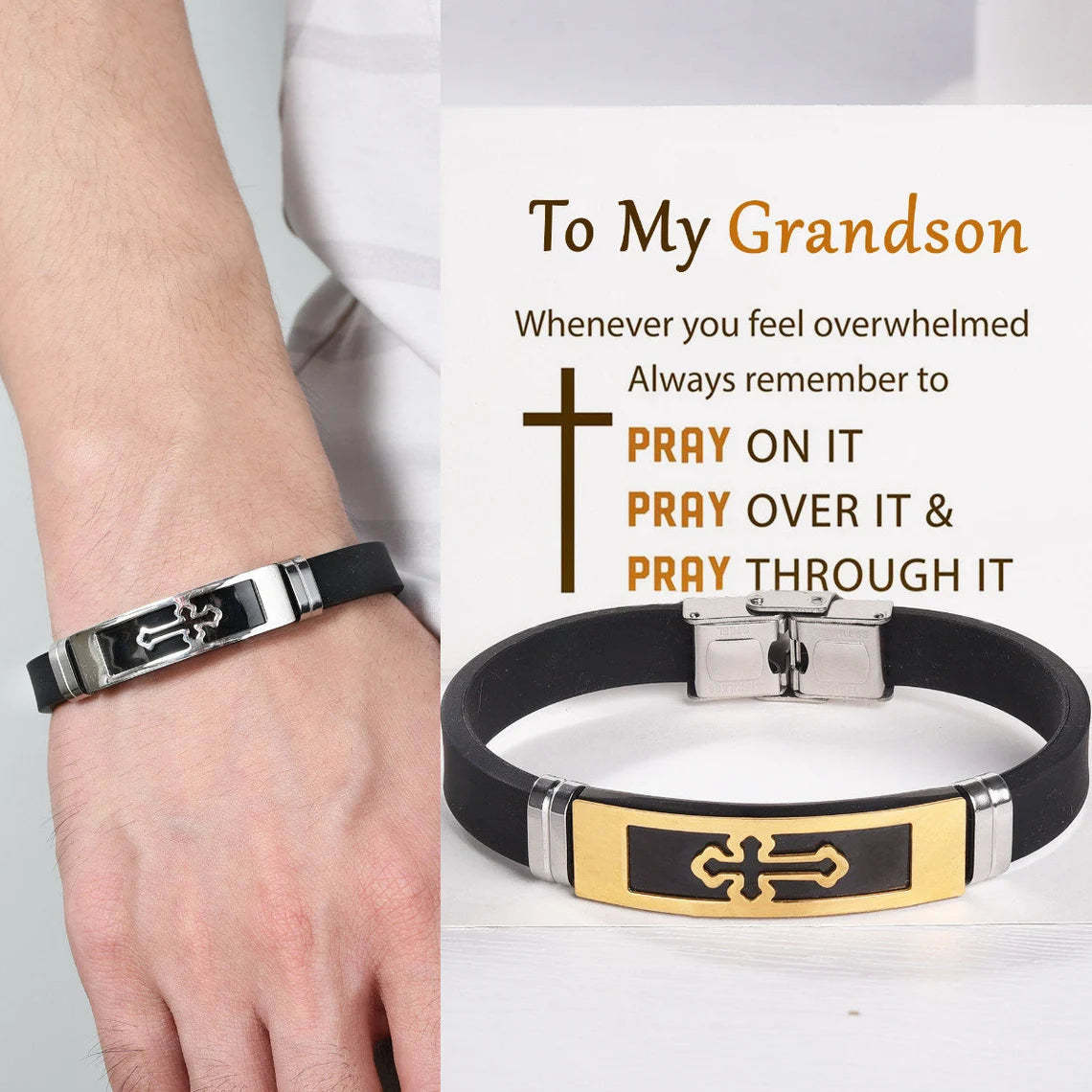 Christmas Gift To My Grandson Cross Leather Bracelet "Pray Through It" Christmas Gifts for Grandson-Engravingift