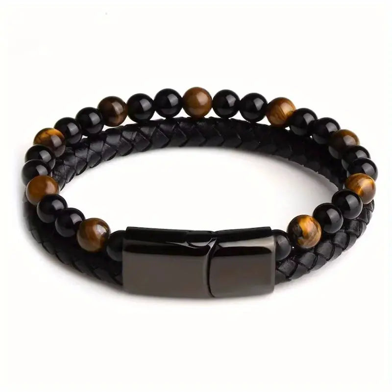 Father's Day Gift Fashion Double Layer Leather Handmade Braided Bracelet Natural Tiger Eye Stone Beaded Bangle-Engravingift