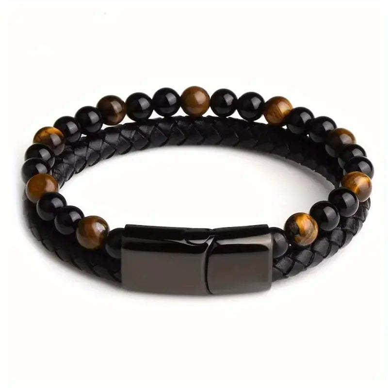 Father's Day Gift Fashion Double Layer Leather Handmade Braided Bracelet Natural Tiger Eye Stone Beaded Bangle-Engravingift