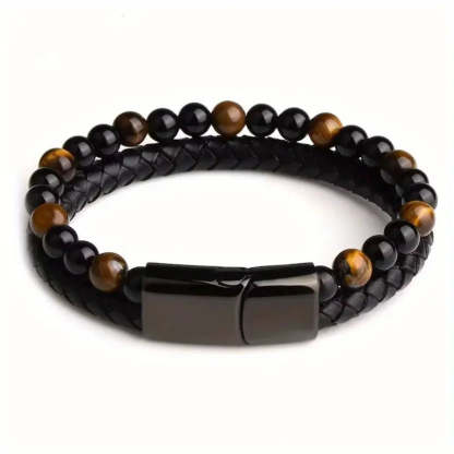 Father's Day Gift Fashion Double Layer Leather Handmade Braided Bracelet Natural Tiger Eye Stone Beaded Bangle-Engravingift