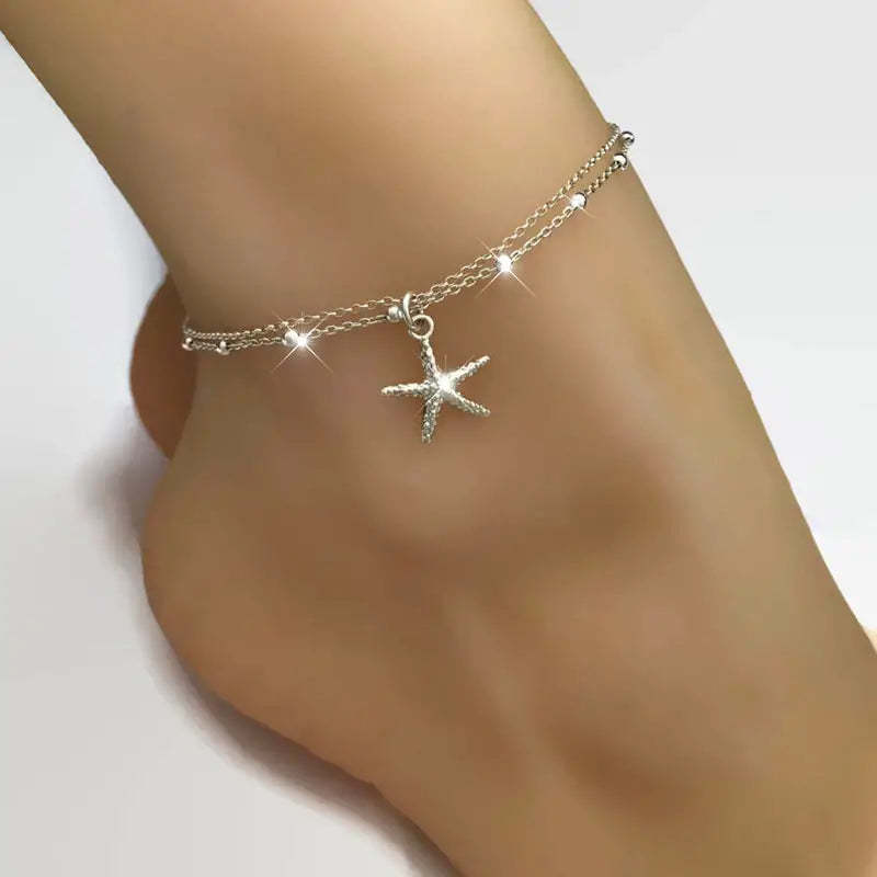 Mother's Day Starfish Shape Pendant Thin Chain Anklet Adjustable Beach Wedding Ankle Bracelet Jewelry-Engravingift