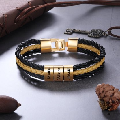 Father's Day Gift Mens Leather Bracelet Braided Layered Leather with Bead, mens custom necklace braided leather bracelet with names-Engravingift