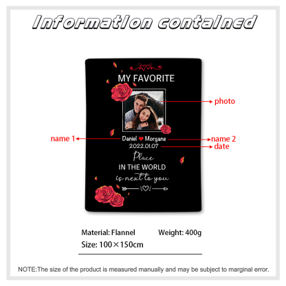 Couple Rose Blanket Customized 2 Names & Date & Photo Blanket Valentine's Day Gifts - My Favorite Place in The World is Next to You