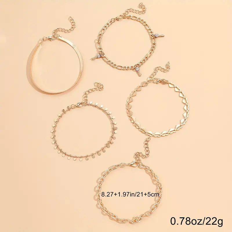Mother's Day 5 Pcs Stackable Chain Anklet Set With Key Shape Tassel Pendant Inlaid Shiny Rhinestones-Engravingift