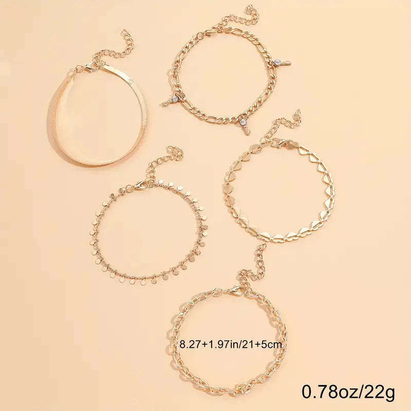 Mother's Day 5 Pcs Stackable Chain Anklet Set With Key Shape Tassel Pendant Inlaid Shiny Rhinestones-Engravingift
