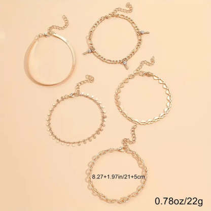 Mother's Day 5 Pcs Stackable Chain Anklet Set With Key Shape Tassel Pendant Inlaid Shiny Rhinestones-Engravingift