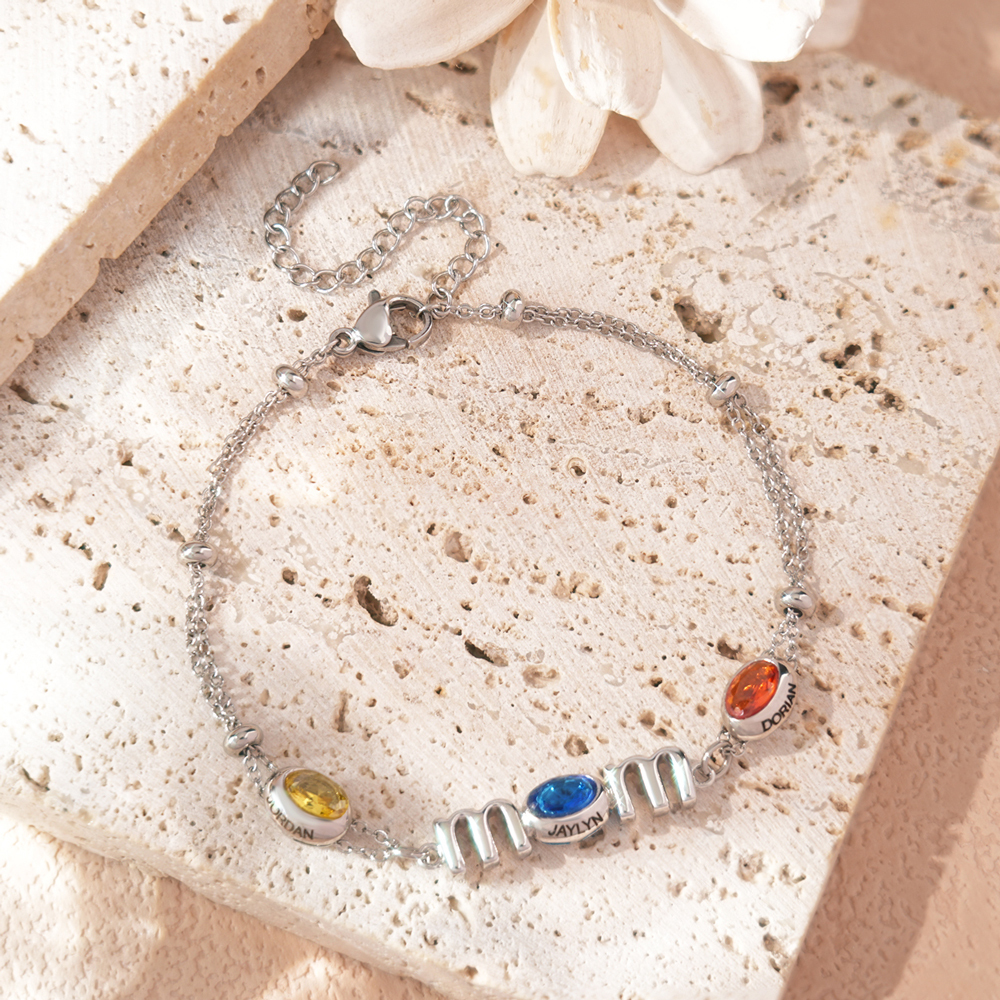 Personalized Mom Birthstone Bracelet, Custom Name Family Bracelet