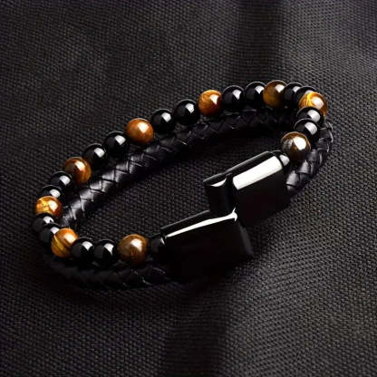 Father's Day Gift Fashion Double Layer Leather Handmade Braided Bracelet Natural Tiger Eye Stone Beaded Bangle-Engravingift