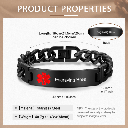 Personalized Medical Alert Bracelet Handcrafted in the USA ID Wristbands Stainless Steel Emergency Black Bracelet-Ships 2 Days