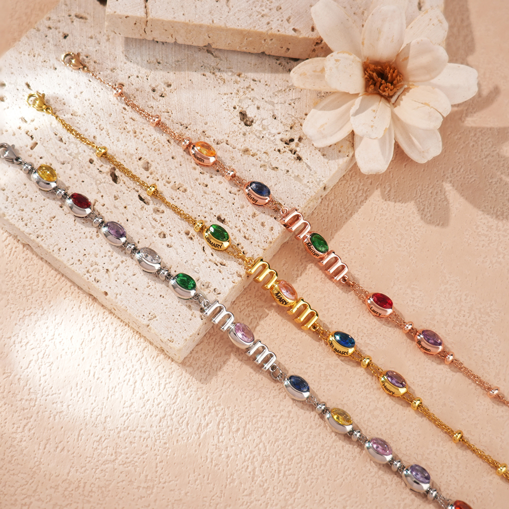 Personalized Mom Birthstone Bracelet, Custom Name Family Bracelet