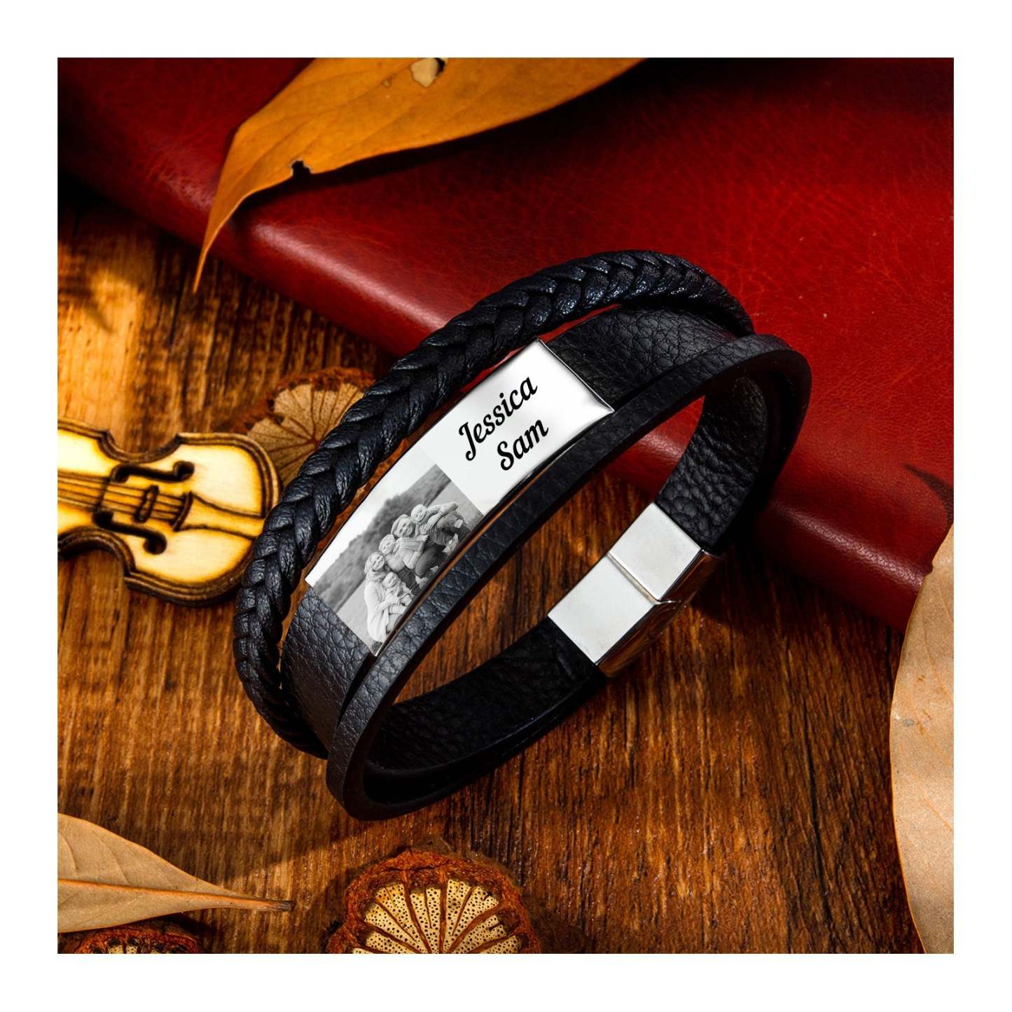 Christmas Gift Personalized Braided Leather Bracelet Custom Photo Multi-layer Bracelet for Him