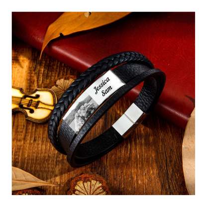 Christmas Gift Personalized Braided Leather Bracelet Custom Photo Multi-layer Bracelet for Him