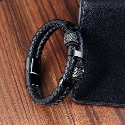 Father's Day Gift Men Braided Leather Bracelets Layered Beads Bracelets with Magnetic Clasp Gifts for Him-Engravingift