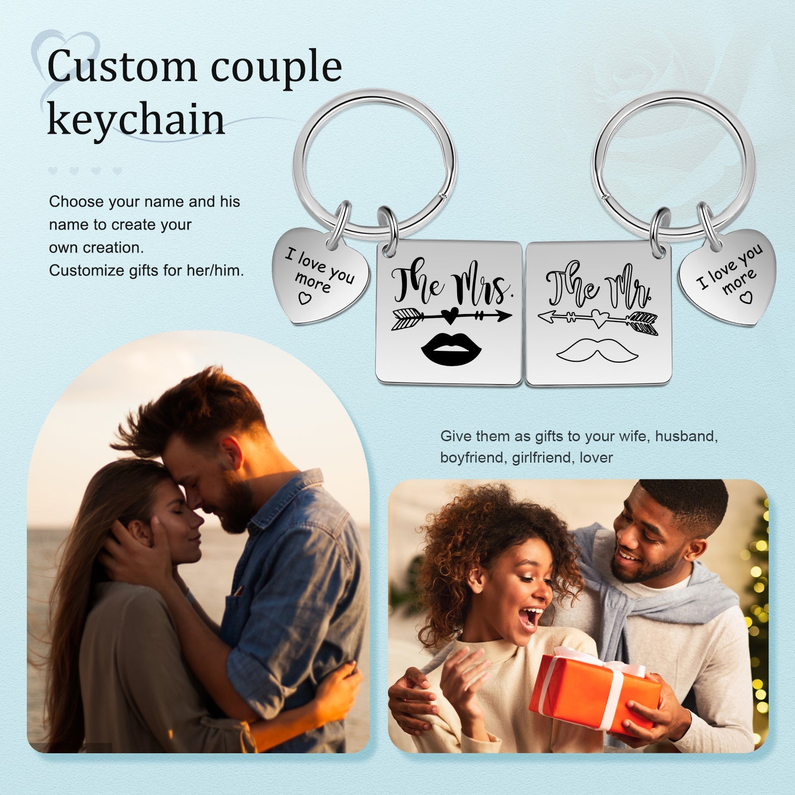 Mother's Day Gift  Customized Photo Couple Keychain Set Engrave Heart Matching Couple Gifts-Engravingift