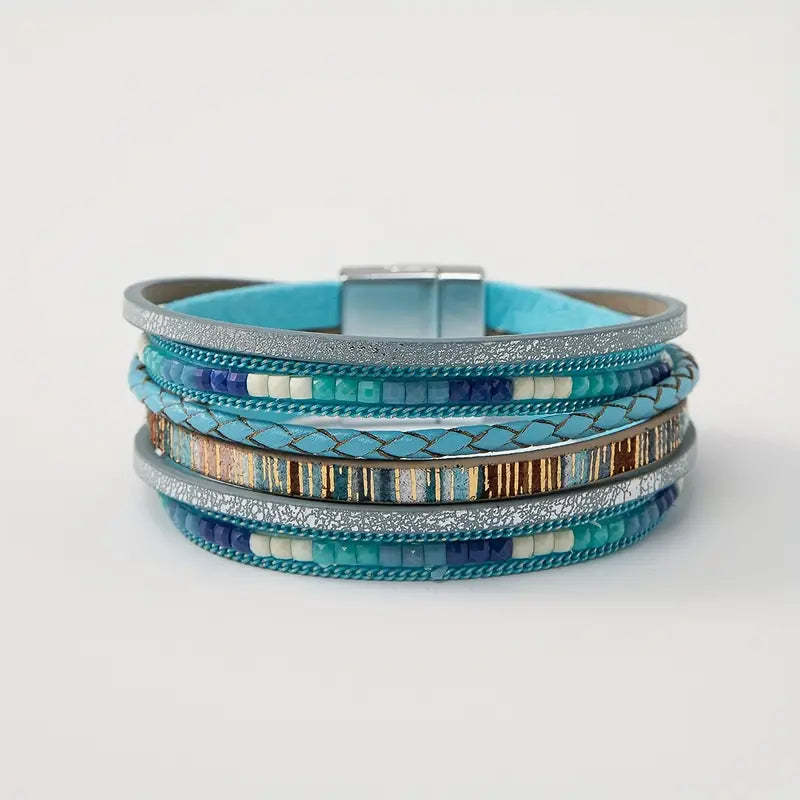 Mother's Day Gift Colorful PU Leather Bracelet With Magnetic Buckle Multi-layer Wrap Bracelet-Engravingift