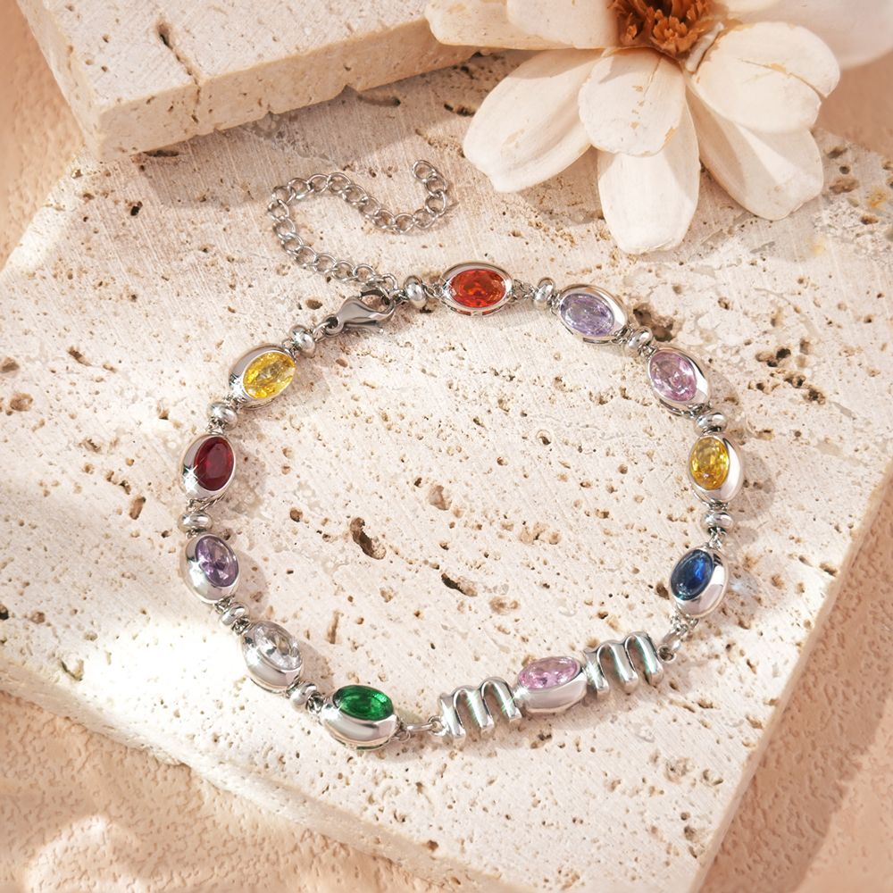 Personalized Mom Birthstone Bracelet, Custom Name Family Bracelet