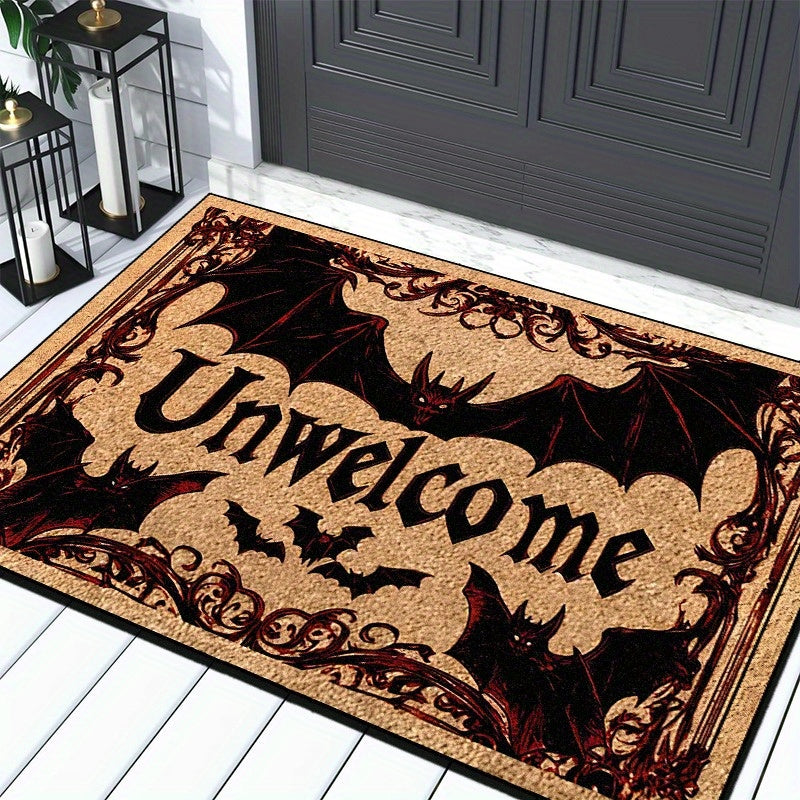 Halloween Bat Welcome Doormat – Non-Slip Heavyweight Plush Rug with Red Gothic Lettering – Indoor/Outdoor Entry Mat for Spooky Home Décor