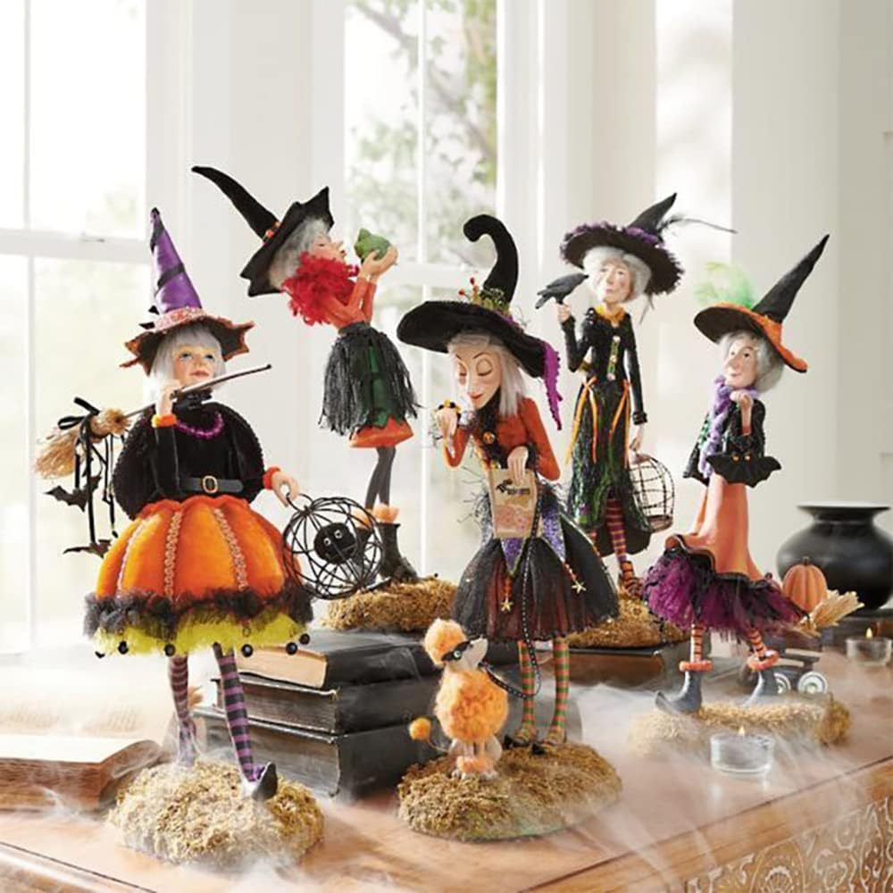 Handmade Halloween Witch Figurine with Pumpkin Skirt and Broom Decor