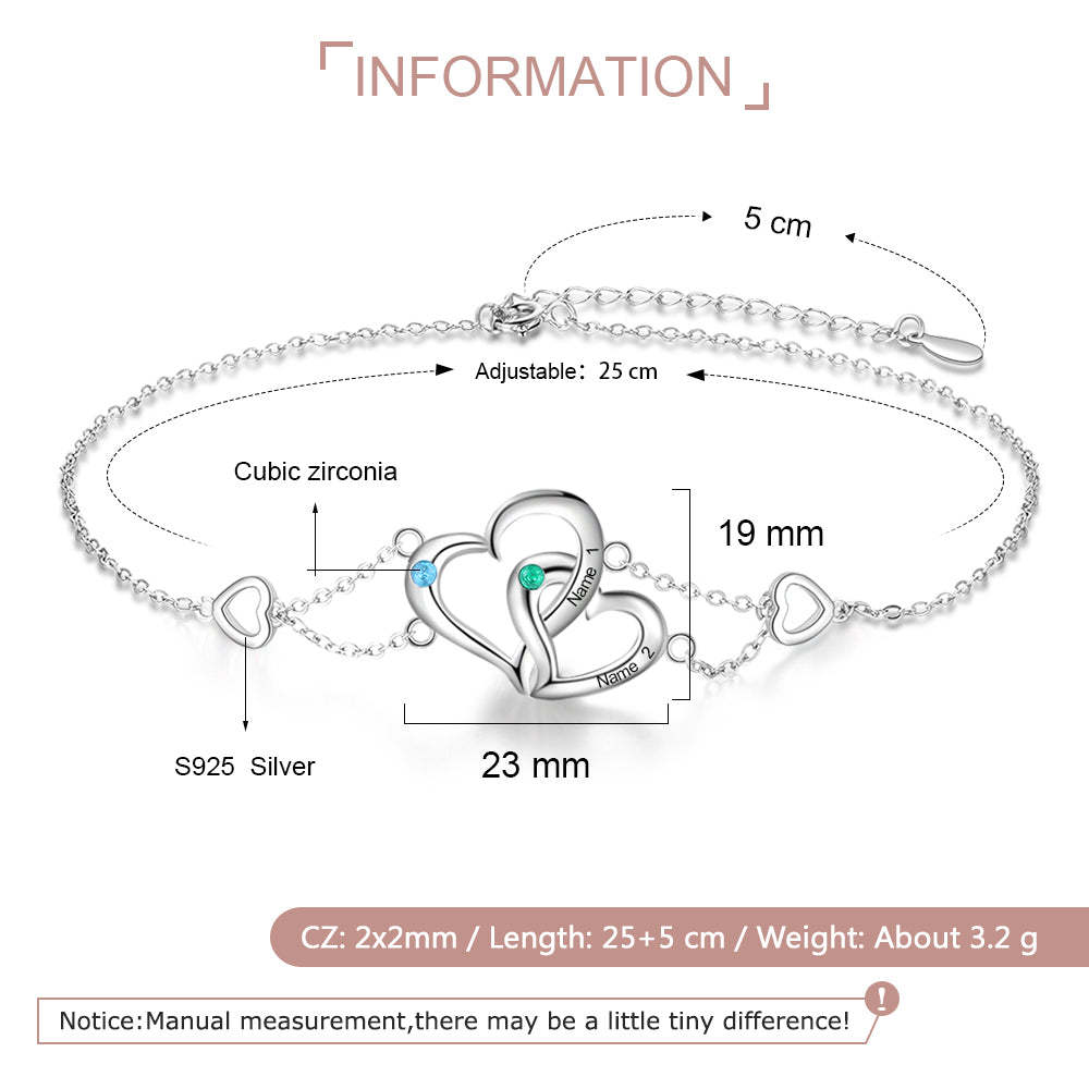 Personalized Heart Anklet with 2 Birthstones Engraved Names Anklet