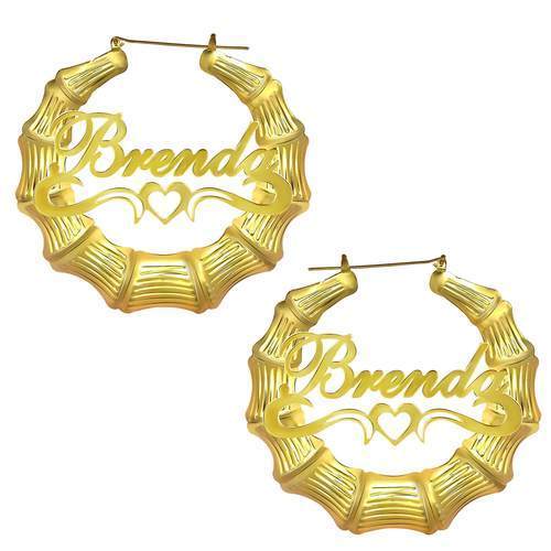 Mother's Day Gift Personalized Bamboo Hoop Name Earrings with Heart-Engravingift