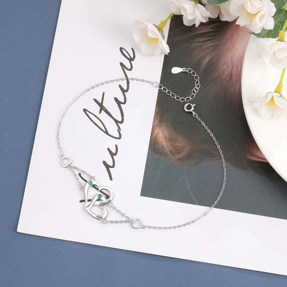 Personalized Heart Anklet with 2 Birthstones Engraved Names Anklet