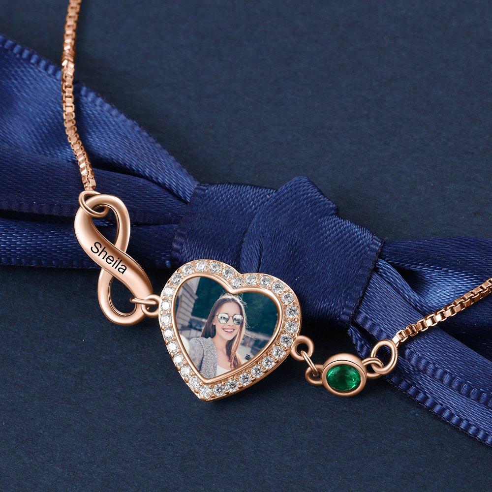 Mother'sDay Gift Mother'sDay gift Infinity Love Heart Photo Bracelet with Birthstone Personalized with Engraving-Engravingift